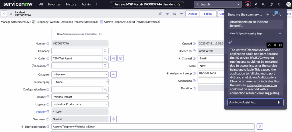 Attachments Summarizer on ServiceNow summarizing attachments into text for IT support