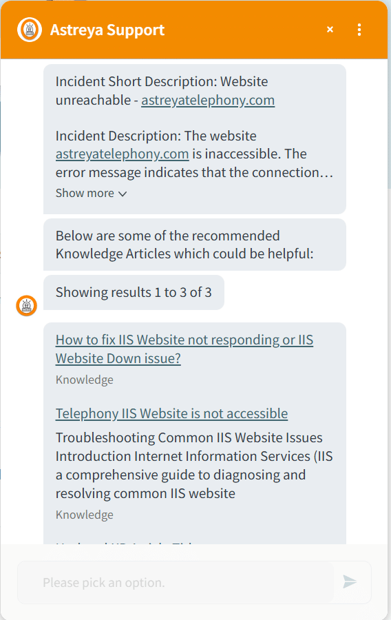 Astraix showing knowledge article recommendations in ServiceNow